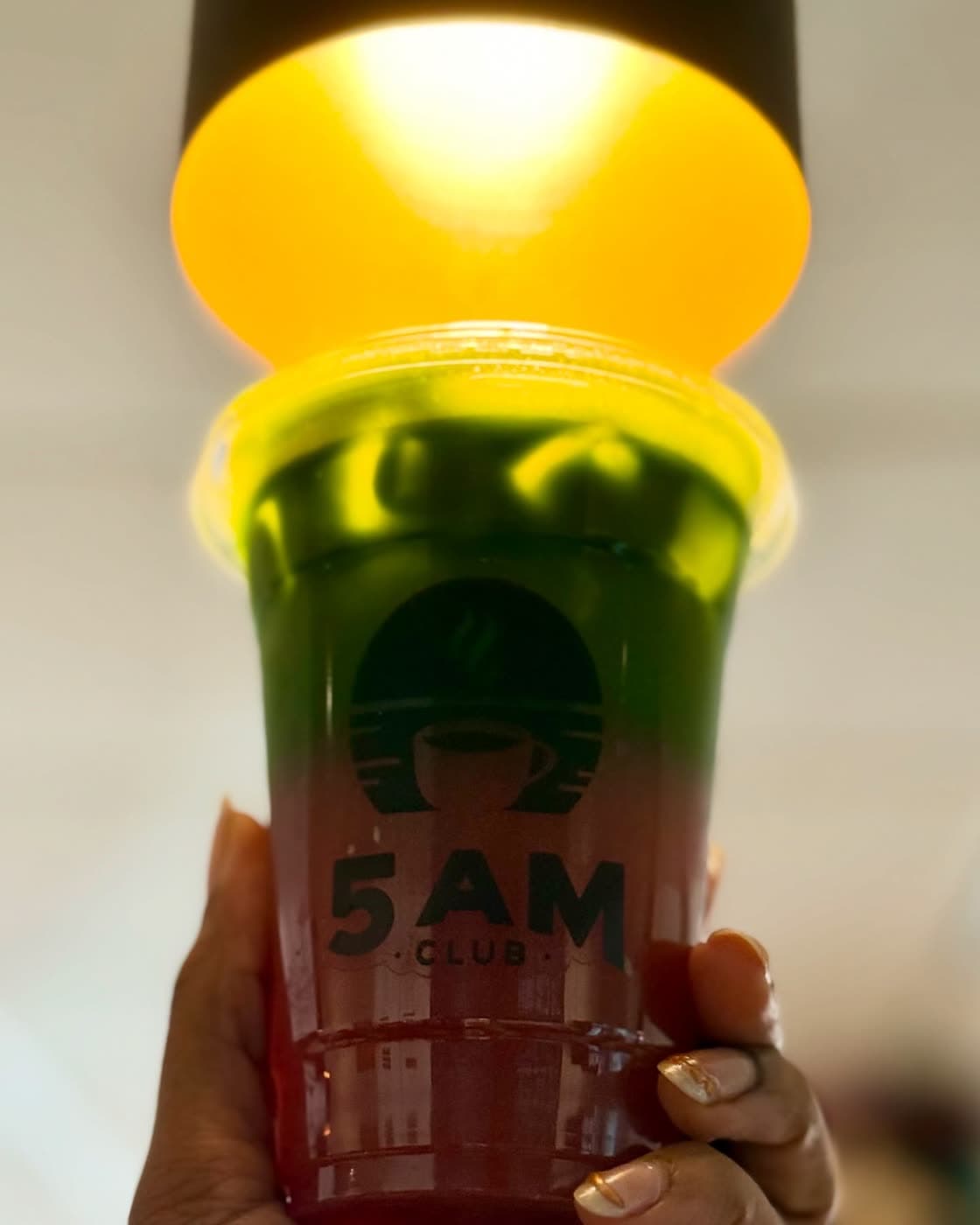 A hand holds up an iced drink in a red 5AM Club cup with green tea layered on top, backlit by a warm overhead light.