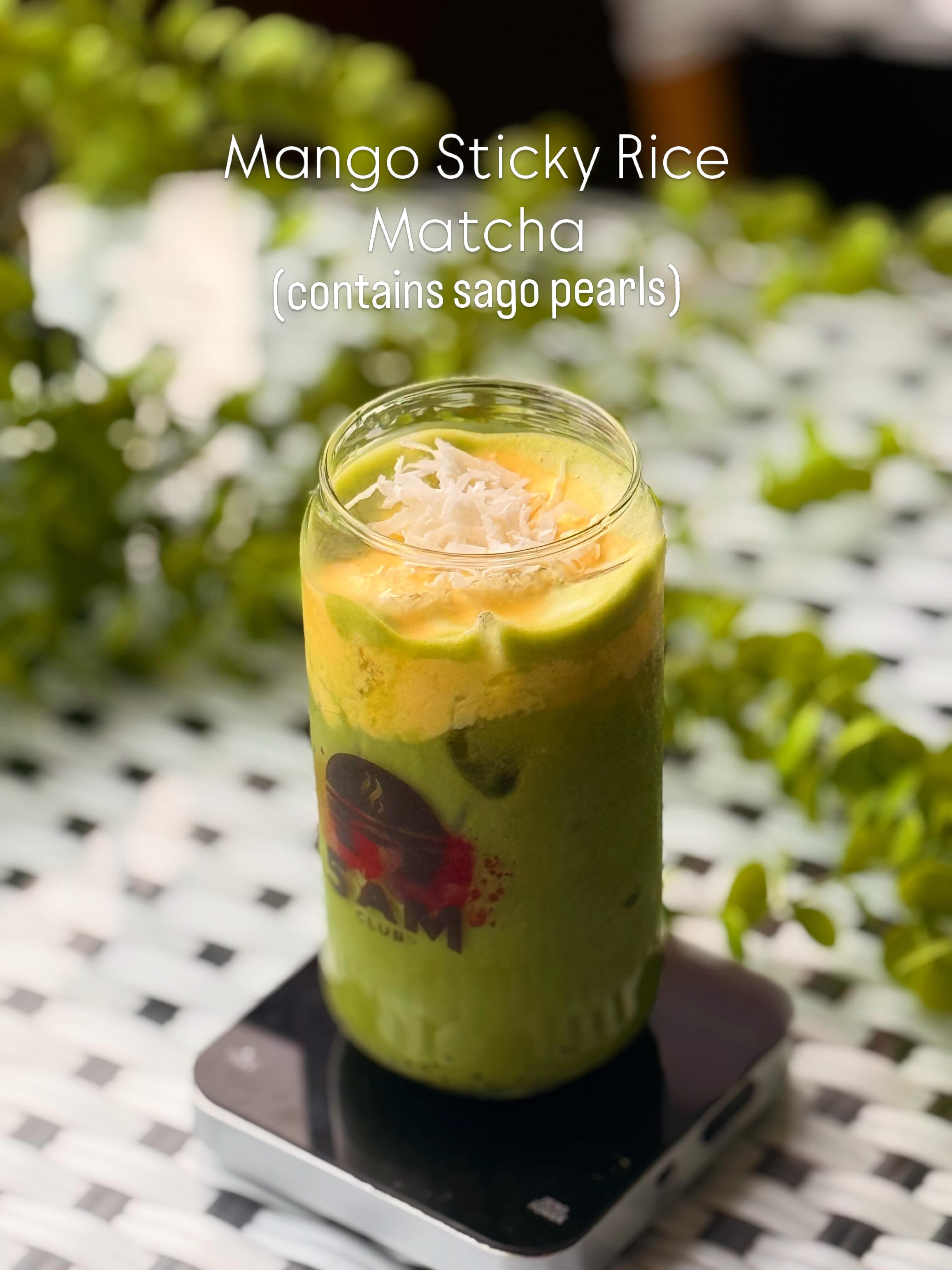 Layered Mango Sticky Rice Matcha with sago pearls