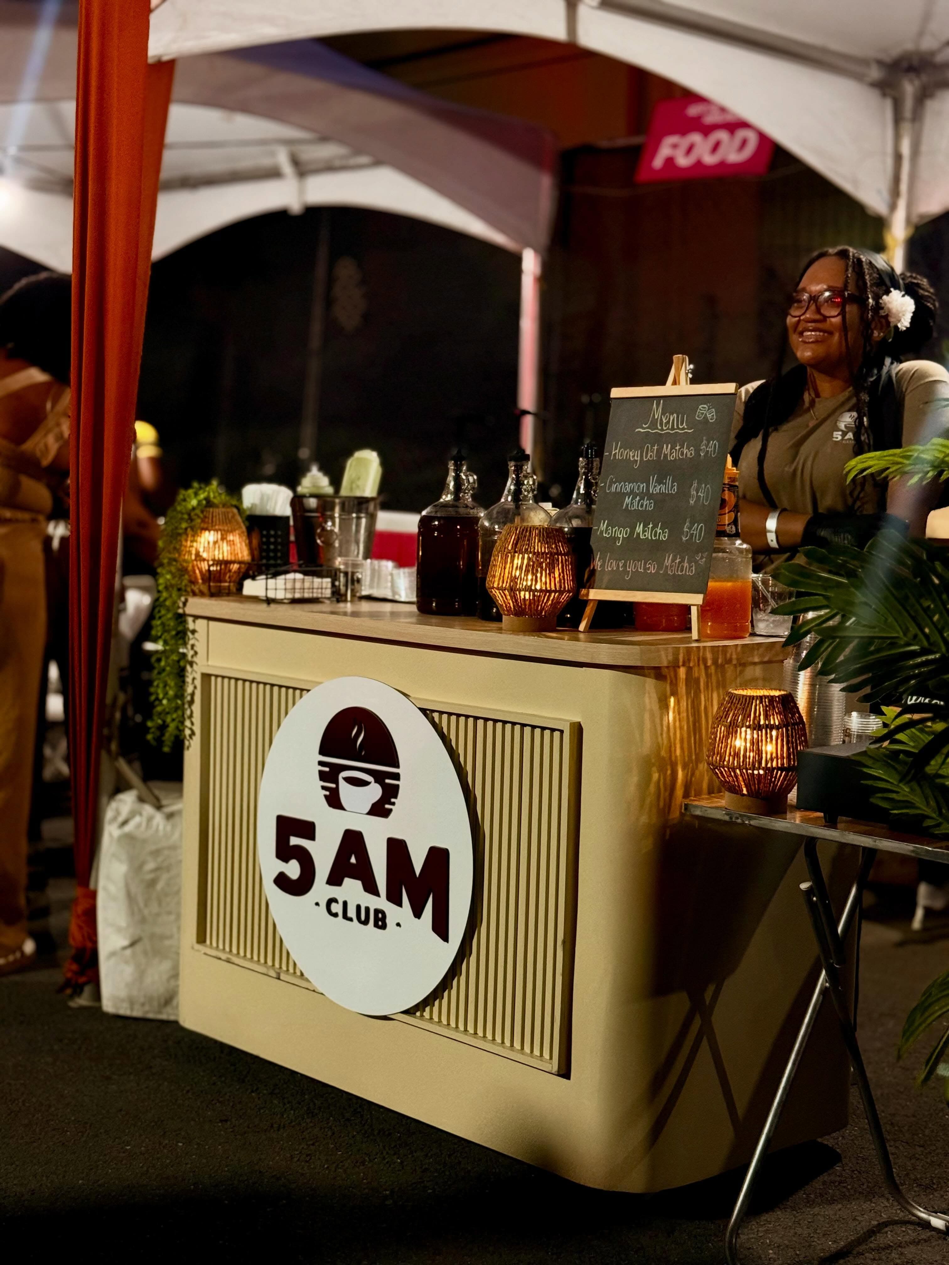 5AM Club Coffee cart at a night market pop-up